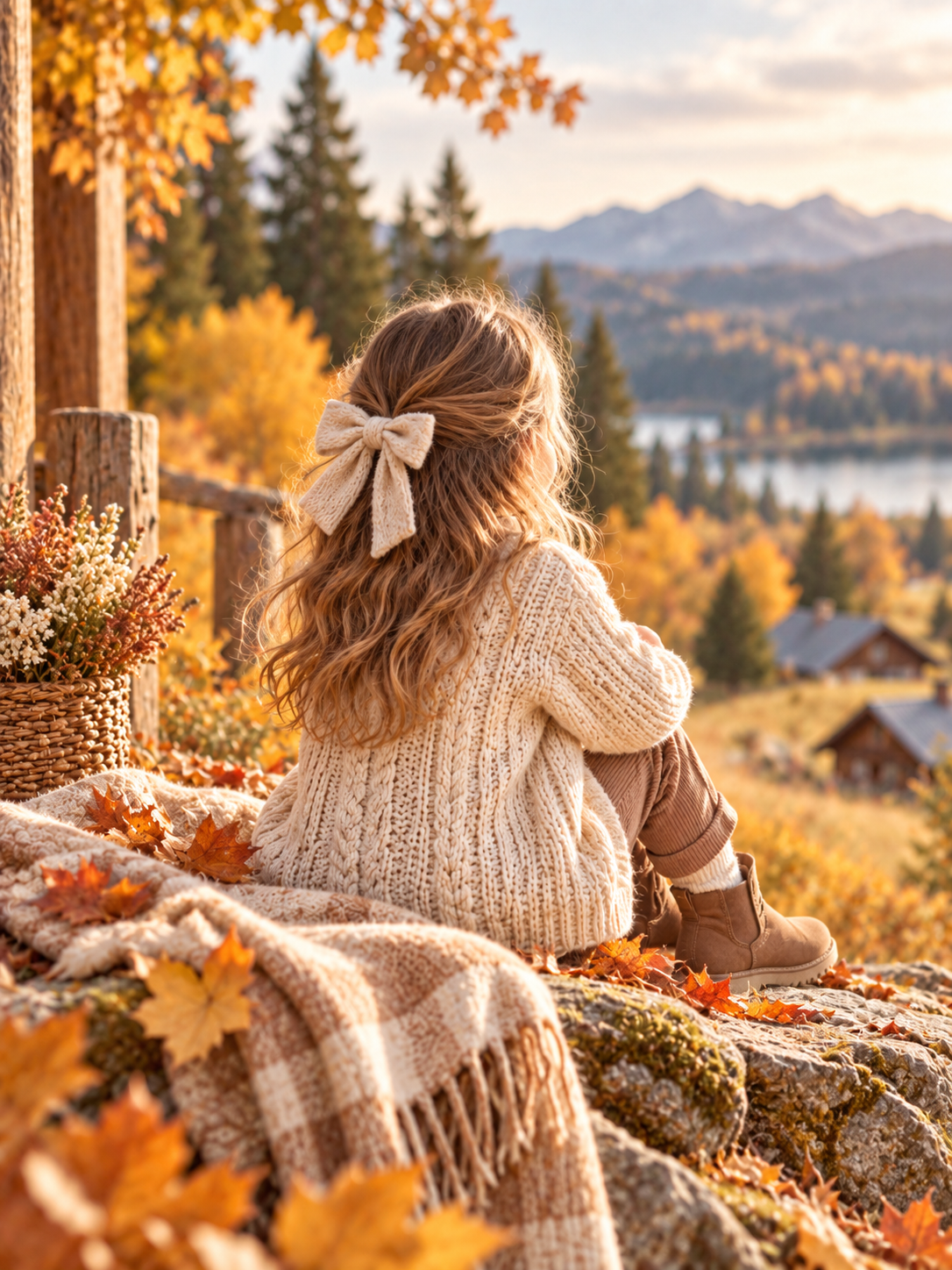 Bambina davanti paesaggio autunnale